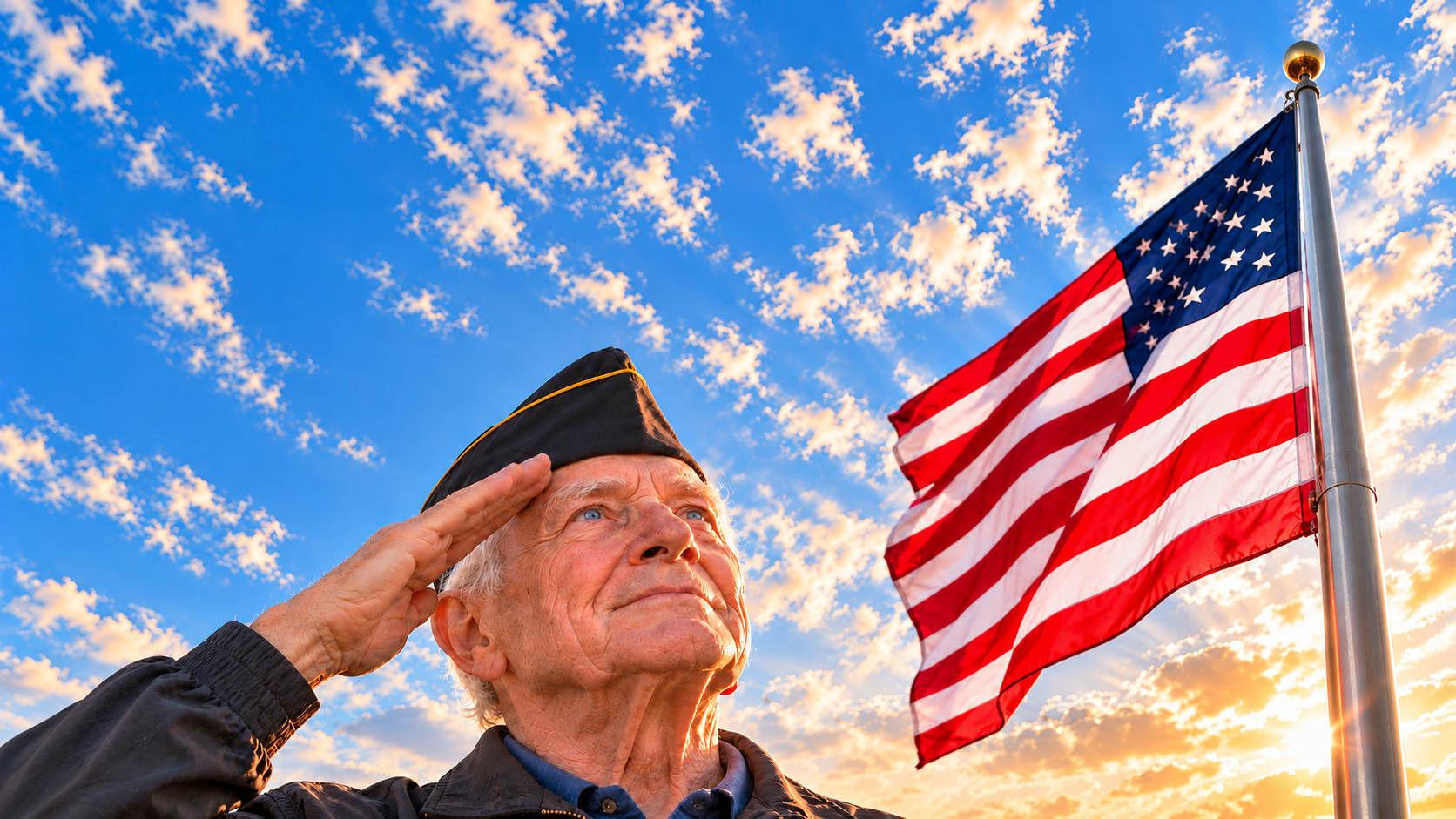 A bright, close-up, low-angle portrait of an elderly veteran saluting a large American flag beneath a blue sky with scattered clouds.